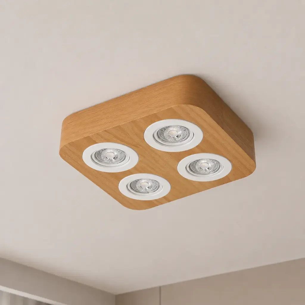 Plafón Techo 4 Dicroicas Ovlo Madera 25x25x6