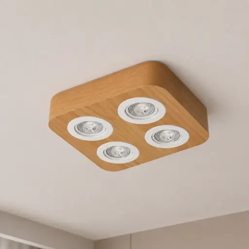 Plafón Techo 4 Dicroicas Ovlo Madera 25x25x6