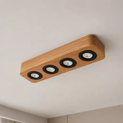 Plafón Techo 4 Dicroicas Ovlo Lineal Madera 56x14x7cm